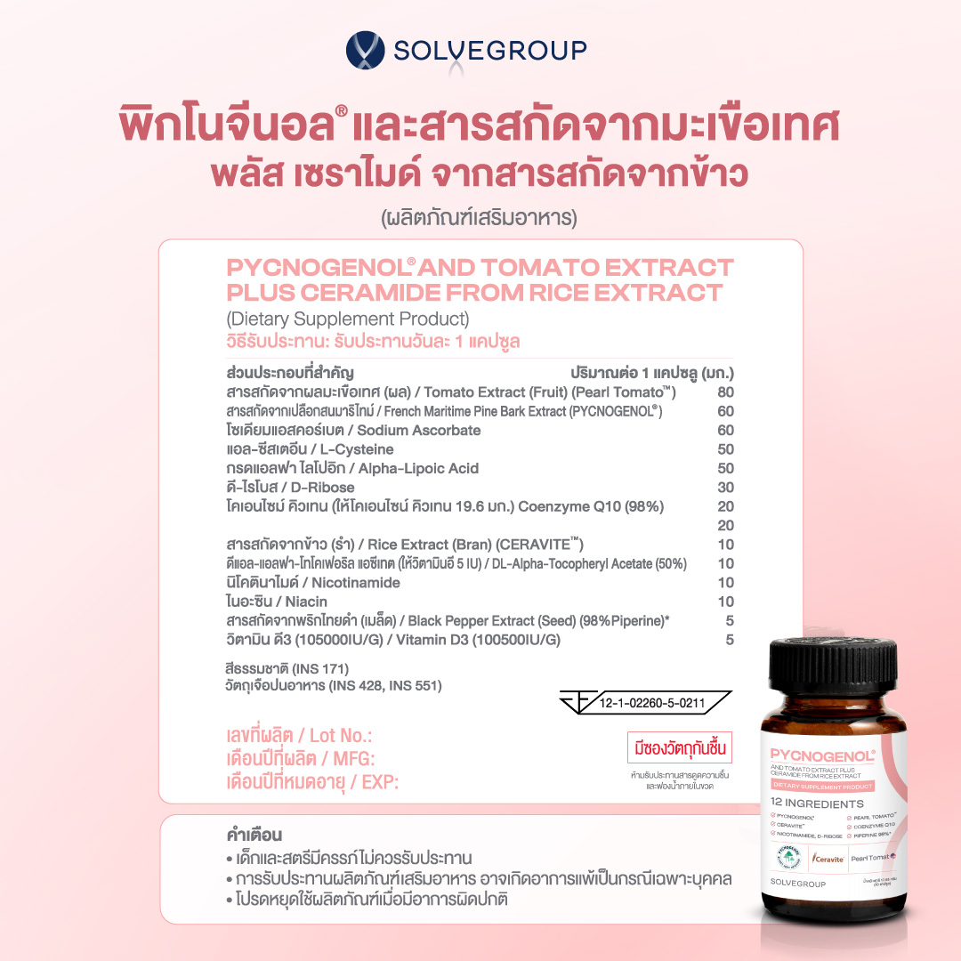 SOLVEGROUP พิกโนจีนอล และสารสกัดจากมะเขือเทศ พลัส เซราไมด์ จากสารสกัดจากข้าว