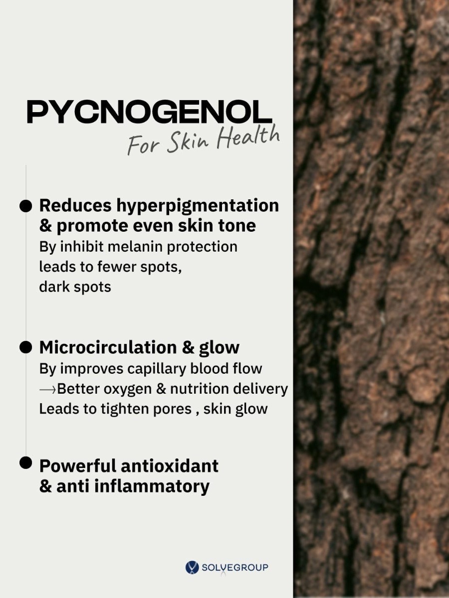 • Pycnogenol: ช่วยลดฝ้า จุดด่างดำ ทำให้สีผิวใสขึ้น • Pycnogenol: ช่วยลดฝ้า จุดด่างดำ ทำให้สีผิวใสขึ้น