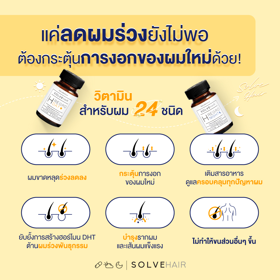 ลดผมร่วง กระตุ้นการงอกของผมใหม่ ด้วย SolveHair วิตามิน สำหรับผม 24 ชนิด