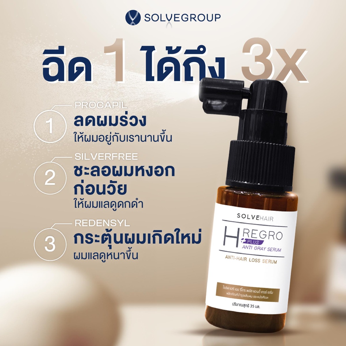 ฉีด เซรั่มผม HreGro Anti Gray Serum 1 ได้ถึง 3 SolveHair anti Hair Loss and anti-gray Serum เซรั่มบำรุงหนังศีรษะและรากผม สำหรับคนที่มีปัญหาผมร่วงผมบางและผมหงอกก่อนวัย คิดค้นสูตรโดยผู้เชี่ยวชาญ