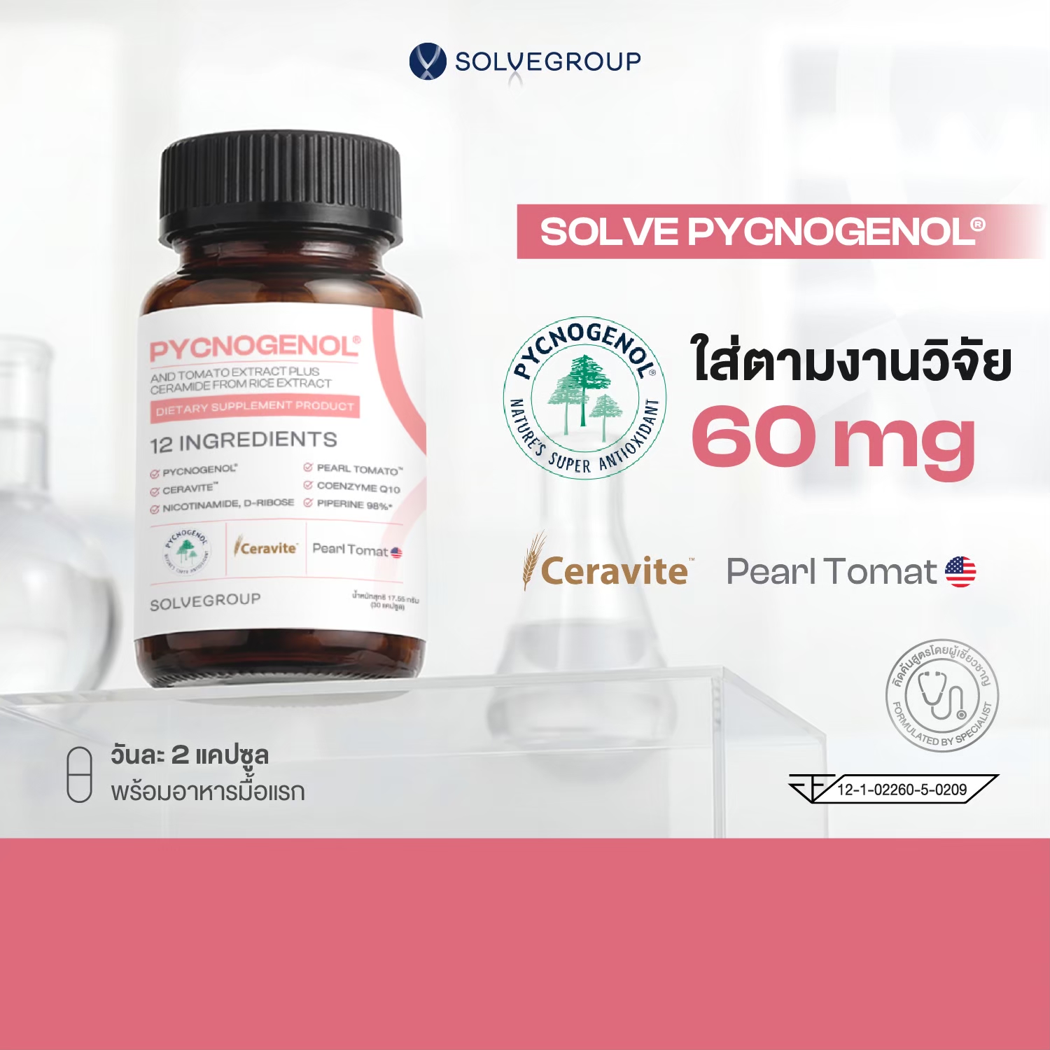 Solve Pycnogenol® (พิกโนจีนอล สารสกัดเปลือกสนฝรั่งเศส) + สารสกัดมะเขือเทศ + เซราไมด์จากข้าว